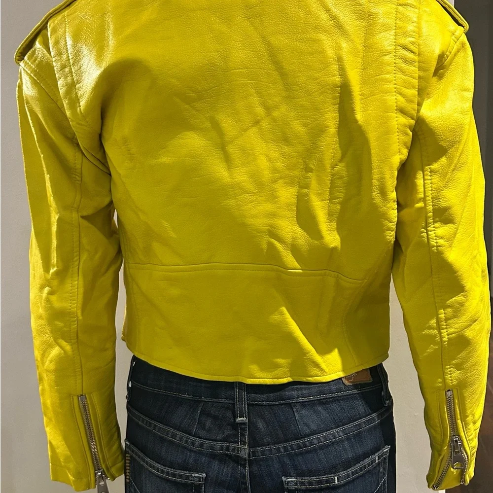 Zara Yellow faux leather Biker Jacket size S - Picture 3 of 4
